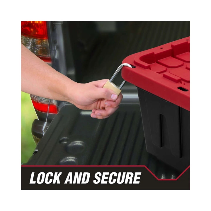 Hyper Tough 27 Gallon Snap Lid Plastic Storage Bin Container  Black with Red Lid Retail $14.98