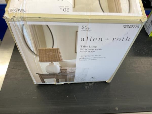 allen + roth Table Lamp - Matte White Finish, Rattan Shade, 20 inches Retail $60.00