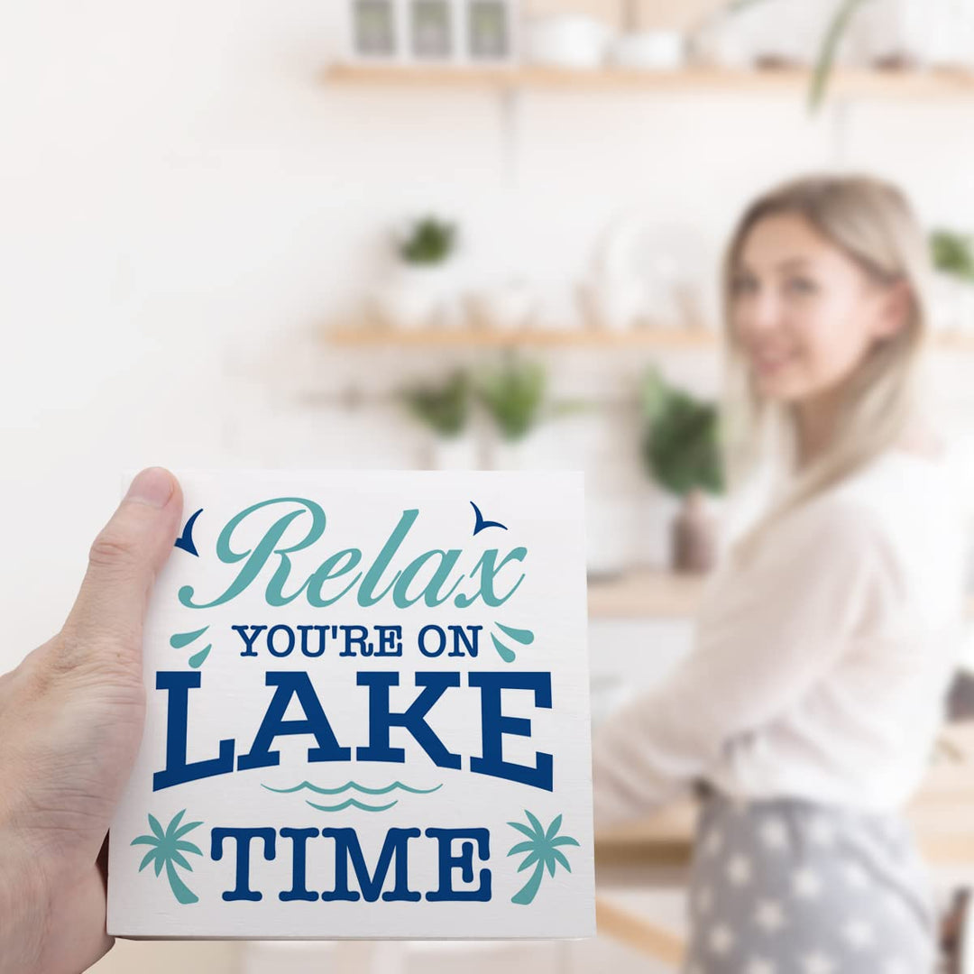 Relax You're on Lake Time Rustic Lake Wooden Plaque Sign Desk Decor,Retro Lake Cabin Home Wood Block Sign Desk Decorations for Primitive Country Lake Farmhouse Shelf Table Decor