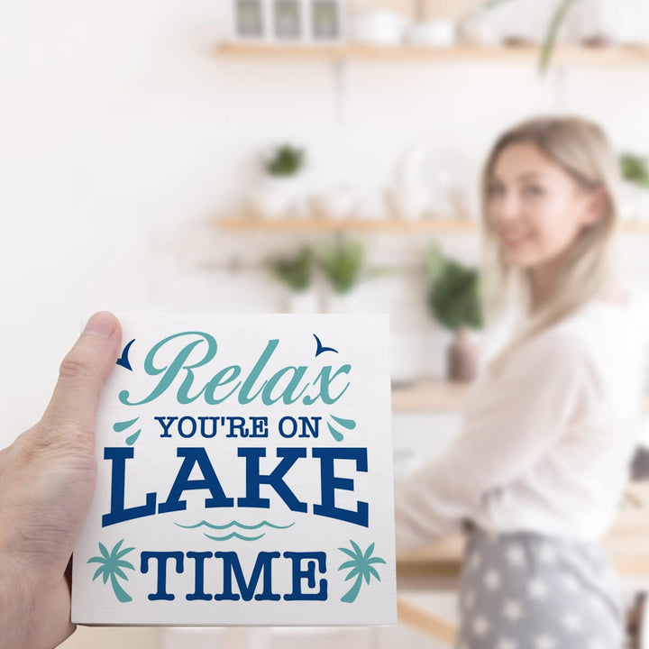 Relax You're on Lake Time Rustic Lake Wooden Plaque Sign Desk Decor,Retro Lake Cabin Home Wood Block Sign Desk Decorations for Primitive Country Lake Farmhouse Shelf Table Decor