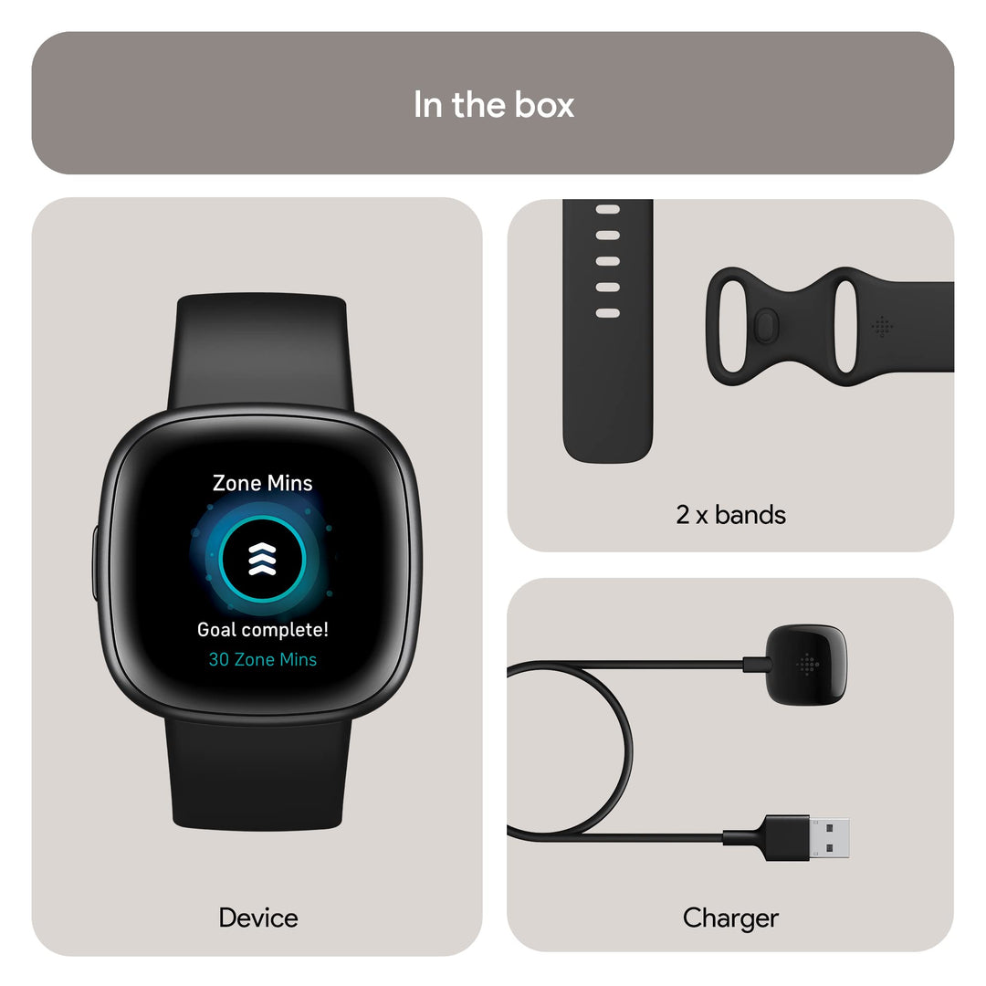 Fitbit Versa 4 Fitness Smartwatch with Daily Readiness, GPS, 24/7 Heart Rate, 40+ Exercise Modes, Sleep Tracking and more, Black/Graphite, One Size (S & L Bands Included) Retail $199.95