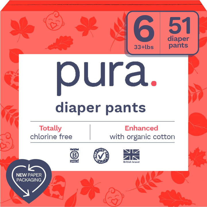 Pura Hypoallergenic Diaper Pants Size 6 (33+ lbs) Overnight, up to 12 Hours Leak Protection, Suitable for Sensitive Skin, Totally Chlorine Free, Soft Organic Cotton, 3 Packs of 17 (51 Pull Up Pants) Retail $39.87