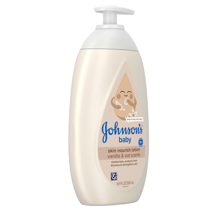 Johnson's Skin Nourishing Baby Lotion, Vanilla & Oat Scents, Hypoallergenic Baby Body Lotion for 72 Hour Hydration Until Baby's Next Bath Moisturizes & Protects from Dryness, 16.9 fl. oz