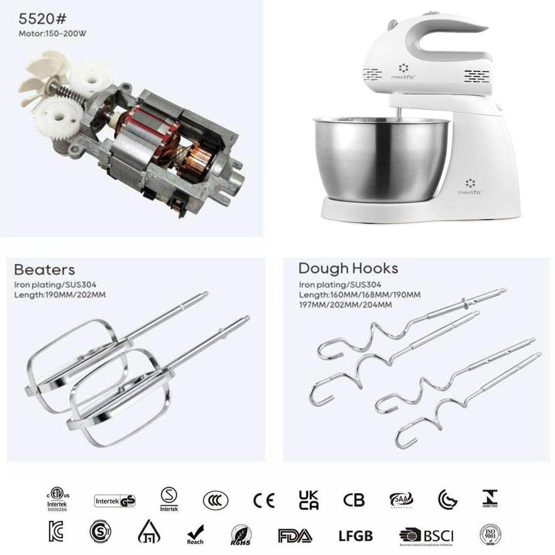 Max Life 3.2 Quarts Stand Mixer - 5-Speed Electric Powerful Stand Mixer, White, with Stainless Steel Bowl, Dough Hooks, Beaters,