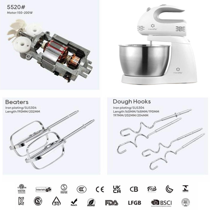 Max Life 3.2 Quarts Stand Mixer - 5-Speed Electric Powerful Stand Mixer, White, with Stainless Steel Bowl, Dough Hooks, Beaters,