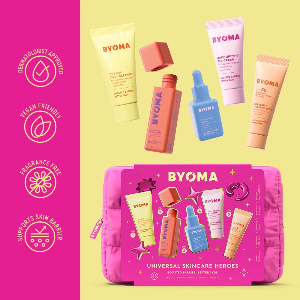 BYOMA Universal Skincare Heroes (5-Piece Kit) - Skincare Gift Set with Jelly Cleanser, Milky Toner, Hydrating Serum, Gel Cream & SPF 50 - Skin Barrier Repair Gift Set with Makeup Bag Retail $25.00