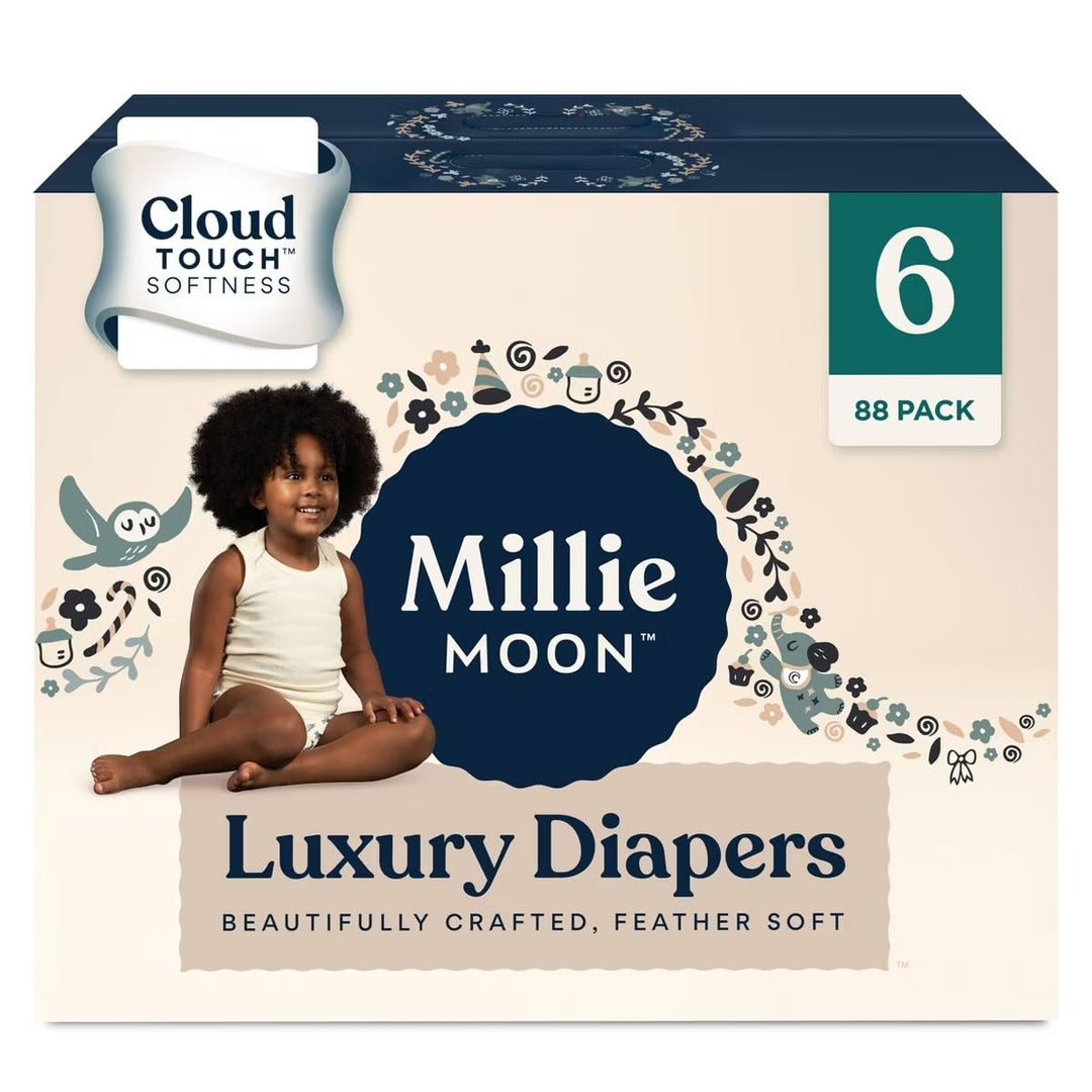 Millie Moon Luxury Diapers, Size 6 (22-33lbs), 88 Count, Up to 12 Hour Absorbency, Double Leak Guard and Wetness Indicator (6, 88, Count) Retail $26.64