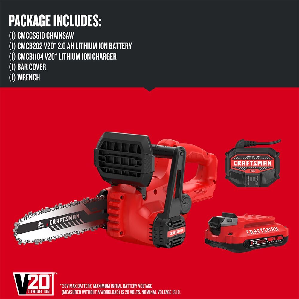 CRAFTSMAN Mini Chainsaw, 10 inch Mini Chainsaw Cordless, Electric Chain Saw, V20 Battery and Charger Included, Handheld Tree Trimmer Wood Cutter (CMCCS610D1) Retail $179.00
