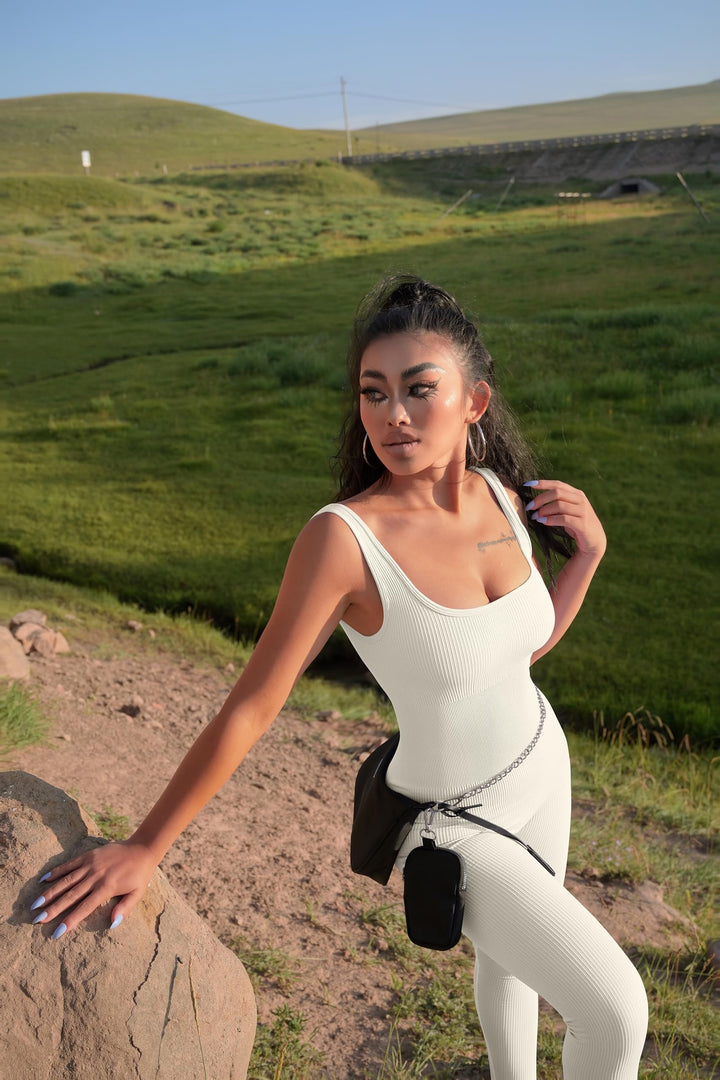 TOB Women Yoga Jumpsuits Workout Ribbed Sleeveless Square Neck Exercise Jumpsuits Beige