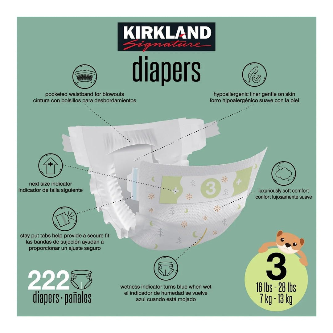 Kirkland Signature Diapers, Size 3 (16-28 Pounds), 222 Count Retail $69.99