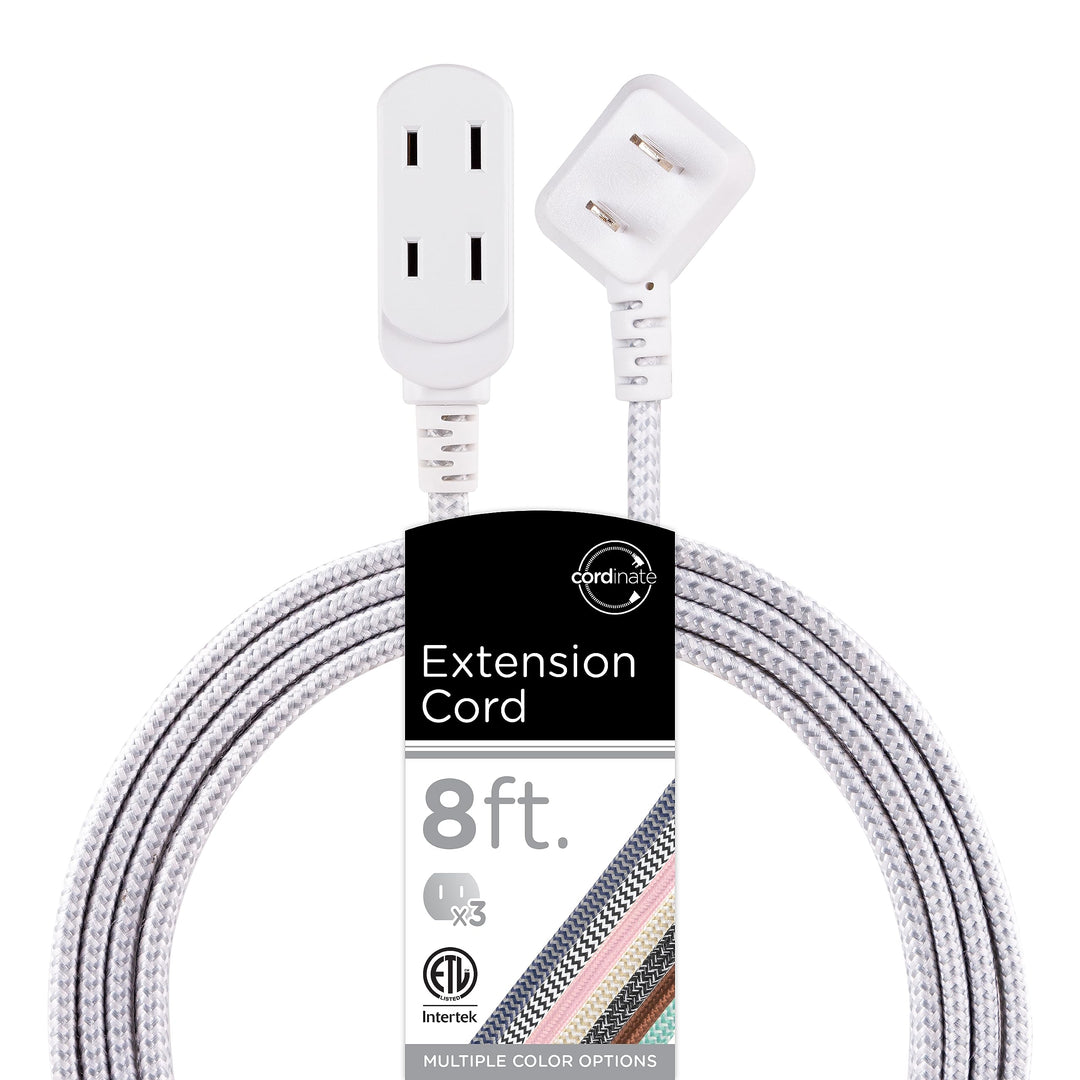 Cordinate Extension Cord, 8 Ft, 3-Outlet Flat Plug Extension Cord, Braided Extension Cord with Multiple Outlets, 2 Prong Extension Cord, Safety Slide 125V Long Extension Cord, 1 Pack, White, 39980