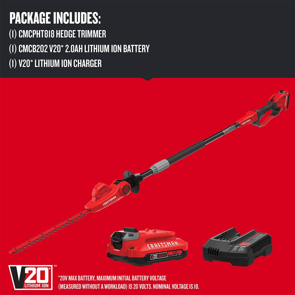 CRAFTSMAN V20 Cordless Pole Hedge Trimmer, 18-Inch, Extended Reach, Battery and Charger Included (CMCPHT818D1)