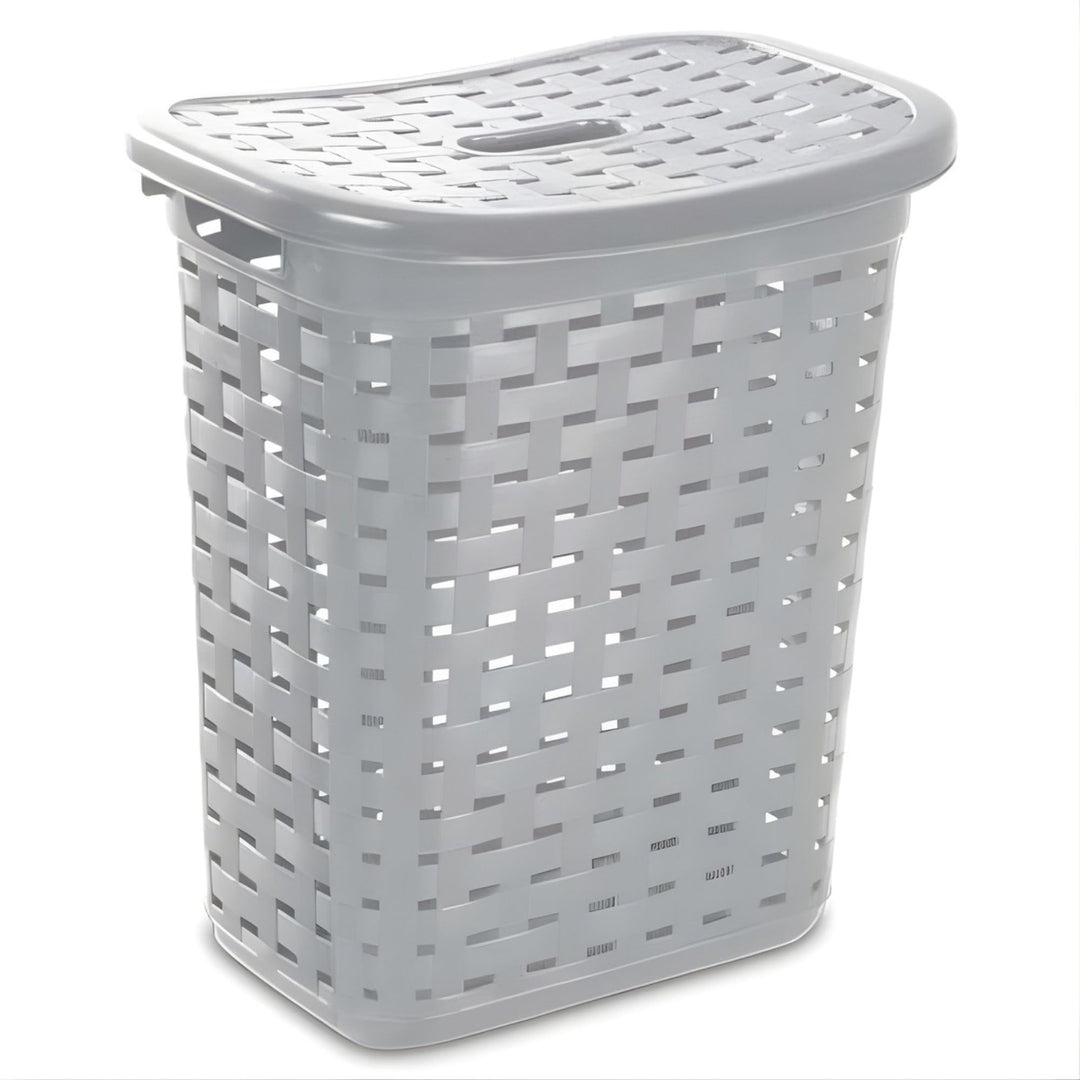 Sterilite Plastic Weave Laundry Hamper with Lid, Decorative Pattern with Handles to Carry Clothes Between the Laundry Room and Bedroom, Gray, 4-Pack Retail $11.99