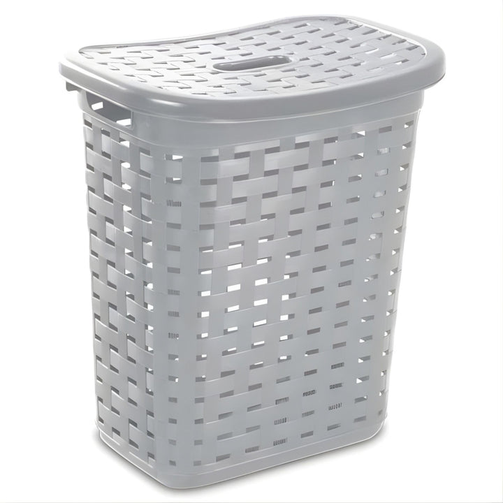 Sterilite Plastic Weave Laundry Hamper with Lid, Decorative Pattern with Handles to Carry Clothes Between the Laundry Room and Bedroom, Gray, 4-Pack Retail $11.99