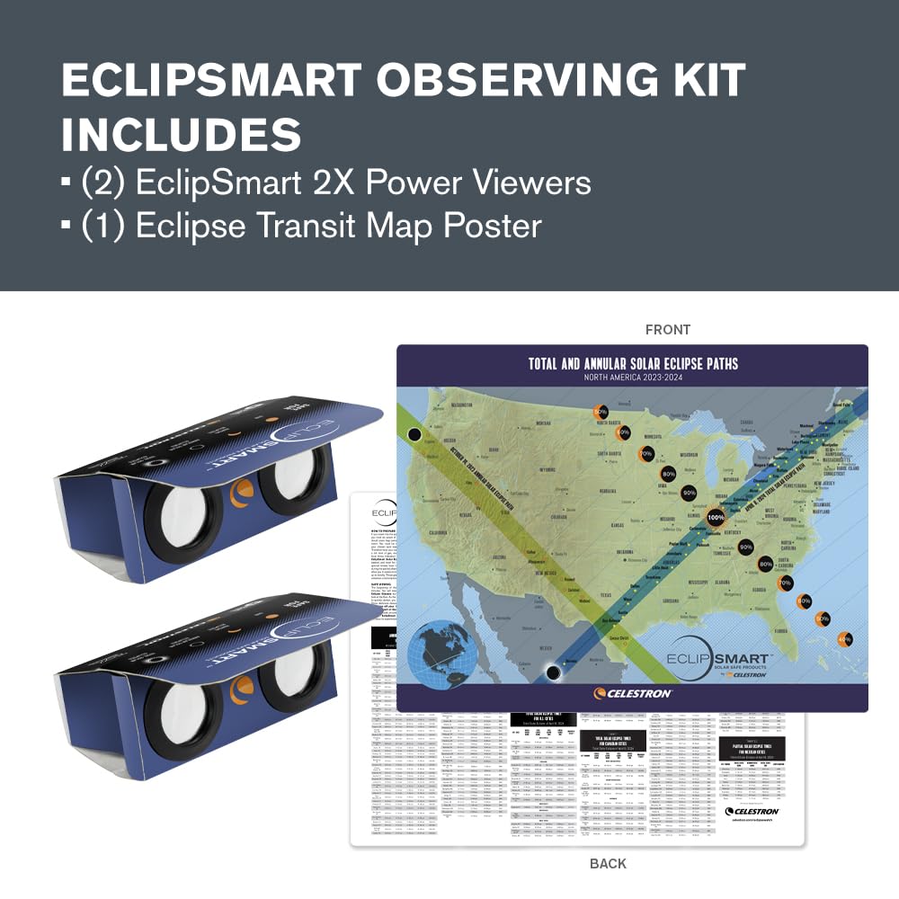 Celestron – 2-Pack EclipSmart Safe Solar Power Viewers – 2X Magnification – Meets ISO 12312-2:2015(E) Standards – Solar Safe Filter Technology – Observe Eclipses & Sunspots – Includes Eclipse Map Retail $12.95
