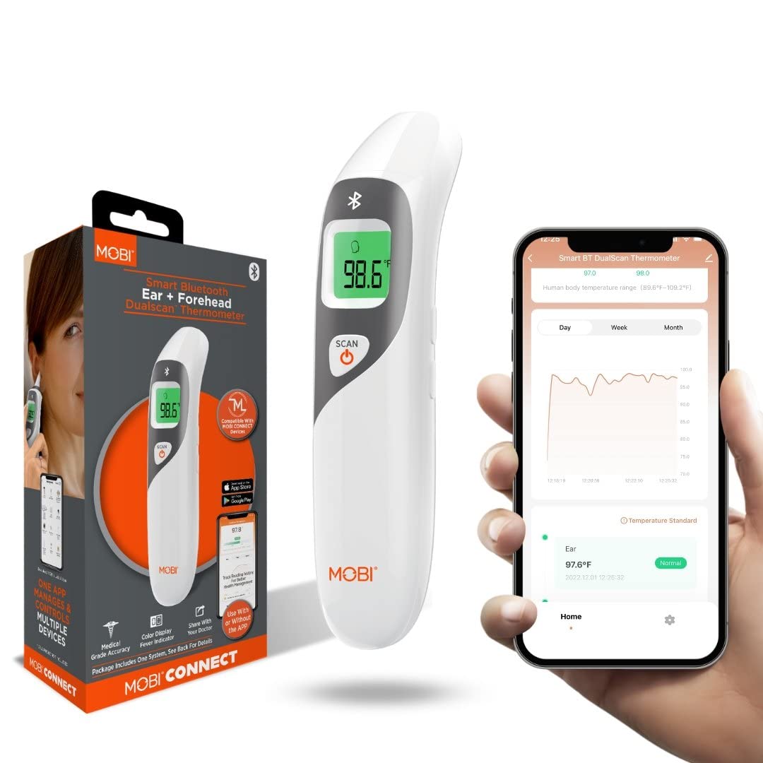MOBI CONNECT Smart DualScan Bluetooth Ear & Forehead Thermometer - Backlit Screen, LED Fever Indicators, Memory Recall of Last 20 Readouts, Farenheit & Celsius Mode, Room Temperate with Date & Time Retail $24.00