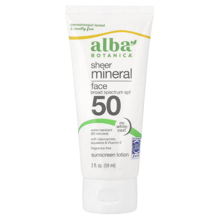 Alba Botanica Sunscreen for Face, Fragrance-Free Sheer Mineral Face Sunscreen Lotion, Broad Spectrum SPF 50, Water Resistant and Biodegradable, 2 fl. oz. Bottle (Packaging May Vary)