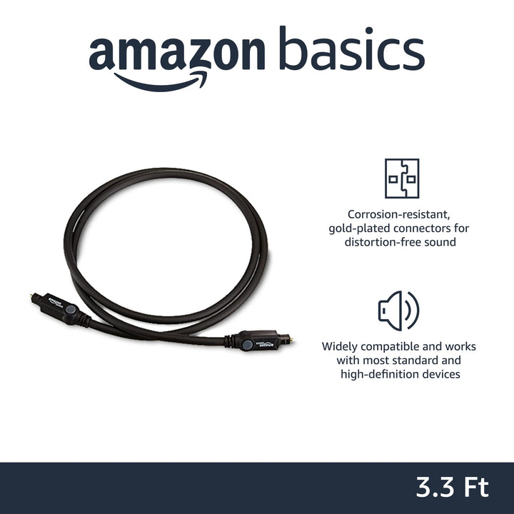 Amazon Basics Toslink Digital Optical Audio Cable, Multi-Channel, for Audio System, Sound Bar, Home Theatre, Gold-Plated Connectors, 3.3 Feet, Black