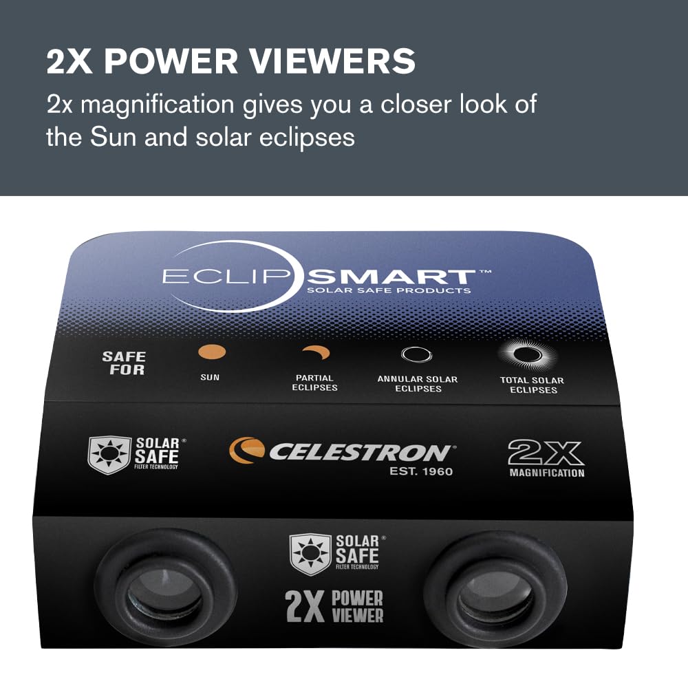Celestron – 2-Pack EclipSmart Safe Solar Power Viewers – 2X Magnification – Meets ISO 12312-2:2015(E) Standards – Solar Safe Filter Technology – Observe Eclipses & Sunspots – Includes Eclipse Map Retail $12.95