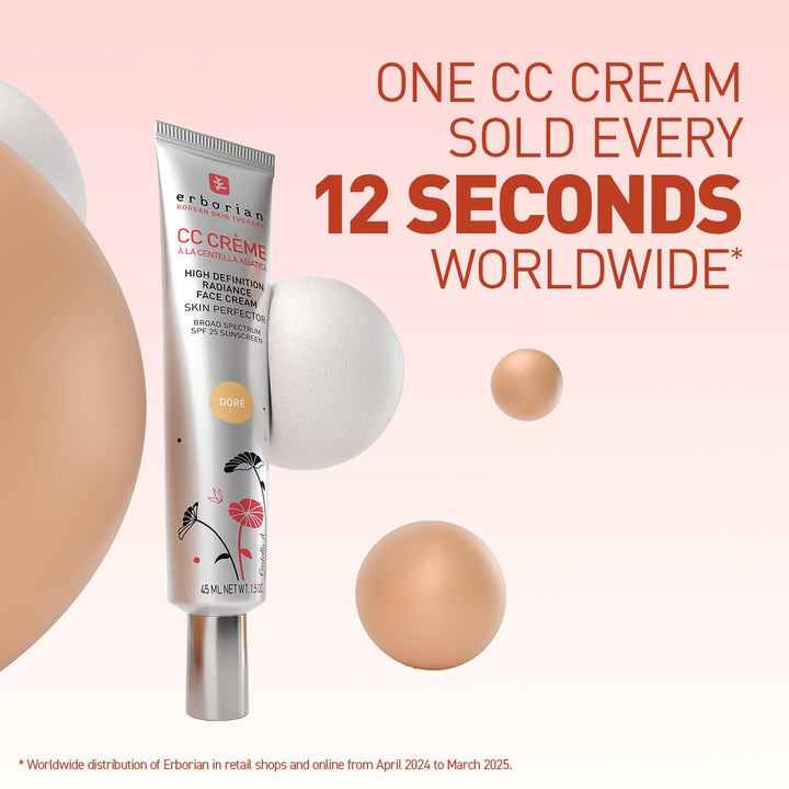 Erborian Color Correcting CC Cream with Centella Asiatica, Tan (Dore) - Light Multi-Purpose Facial Concealer with Illuminating Finish Soothes & Hydrates - SPF Korean Skincare Skin Perfector - 0.5 Oz