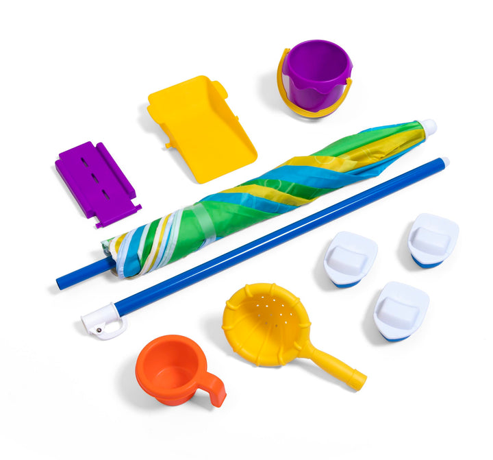 Step2 Waterpark Wonders Two Tier Water Table, Kids Water Activity Sensory Playset with Umbrella, Garden Hose Sprinkler Attachment, 11 Piece Accessories, Outdoor Summer Toy, Ages 18 Months+, Blue Retail $124.99