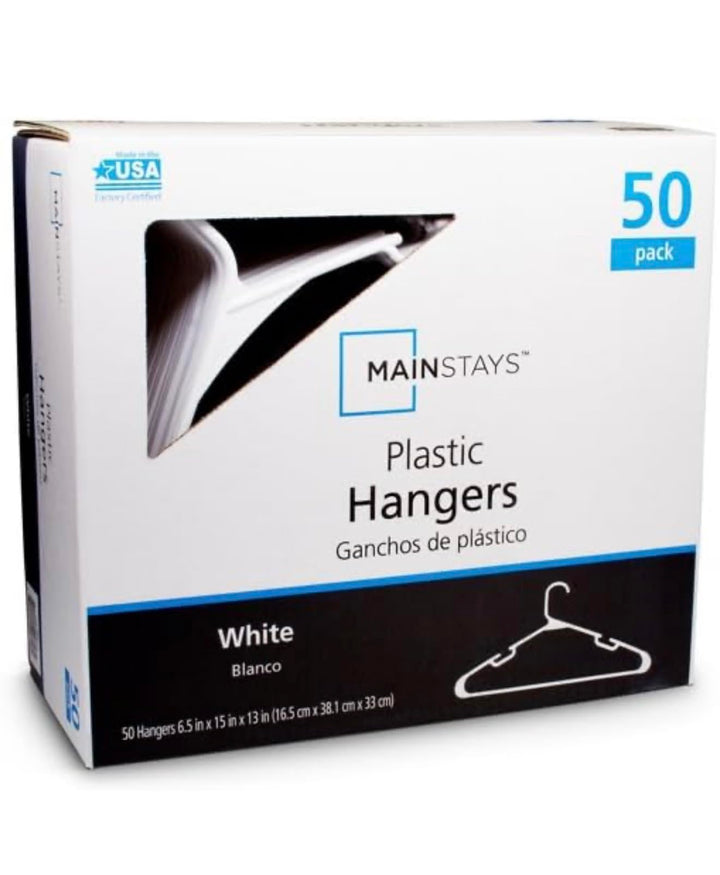 50 Pack X 4 Mainstays Plastic Tubular Slotted White Adult Clothing Clothes Hangers