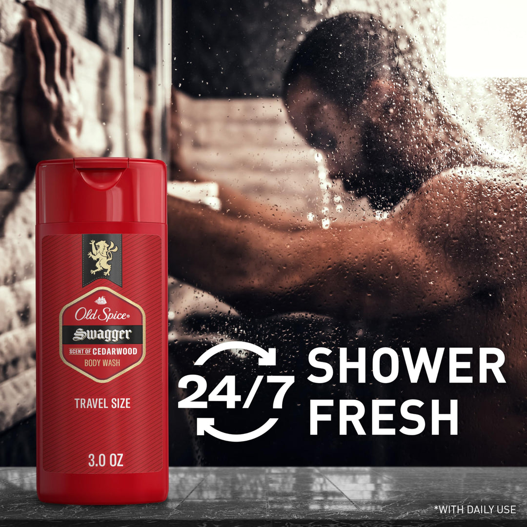 Old Spice Refreshing Body Wash for Men, 3X Defense, 24/7 Shower Fresh with Long Lasting Scent, Travel Size, Red Collection, Swagger with Cedarwood Scent, 3 oz
