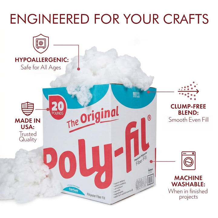 Fairfield The Original Poly-Fil, Premium Polyester Fiber Fill, Soft Pillow Stuffing, Stuffing for Stuffed Animals, Toys, Cloud Decorations, and More, Machine-Washable Poly-Fil Fiber Fill, 20 lbs. Box Retail $61.44