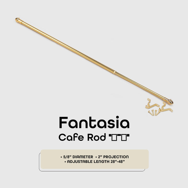 Fantasia Cafe Decorative Window Curtain Rod, 28"- 48" Adjustable Width, 5/8" Diameter, 2" Projection - Brass with Matching Finials - Easy to Install Telescoping Rod - Brackets & Hardware Included