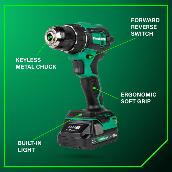 Metabo HPT 18V MultiVolt 1/2" Cordless Brushless Driver Drill Kit, High Power Drill Set with Bag, 2 Lithium-Ion Metabo Batteries and Charger, Compact Lightweight Power Driver, DS18DEX Retail $179.00