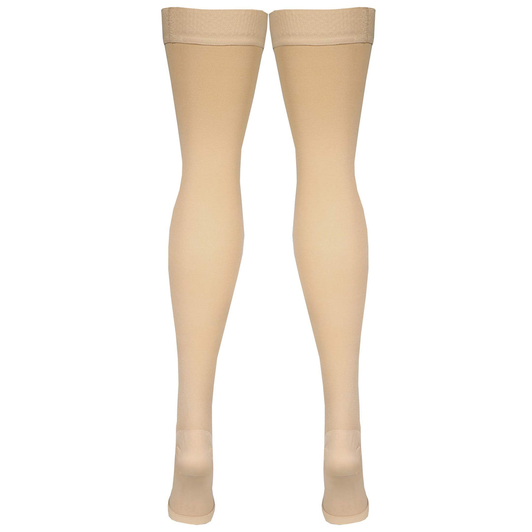 Amazon Basic Care Medical Compression Stockings, 20-30 mmHg Support, Women & Men Thigh Length Hose, Open Toe, Beige, Large (Previously NuVein)