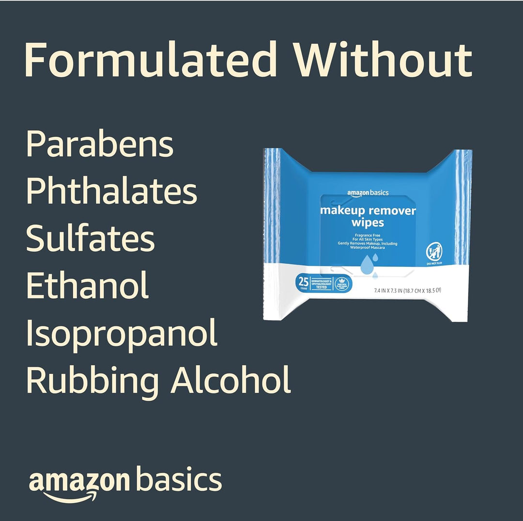 Amazon Basics Makeup Remover Wipes, Gentle Cleansing, Dermatologist Tested, Fragrance-Free, Plant Based, Alcohol-Free, Removes Waterproof Mascara, 25 Count Per Pack, Pack of 1