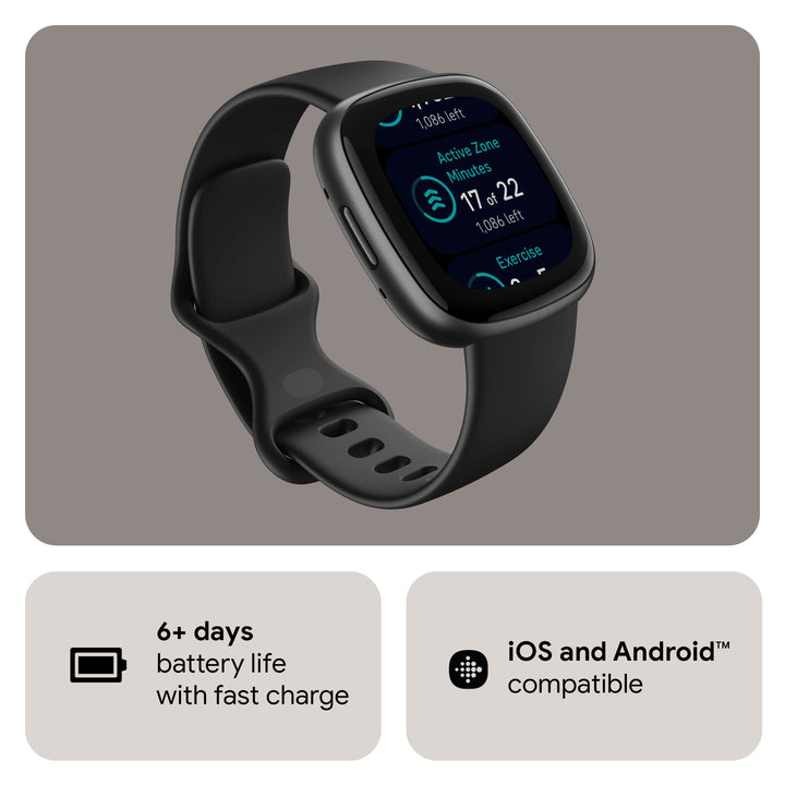 Fitbit Versa 4 Fitness Smartwatch with Daily Readiness, GPS, 24/7 Heart Rate, 40+ Exercise Modes, Sleep Tracking and more, Black/Graphite, One Size (S & L Bands Included) Retail $199.95