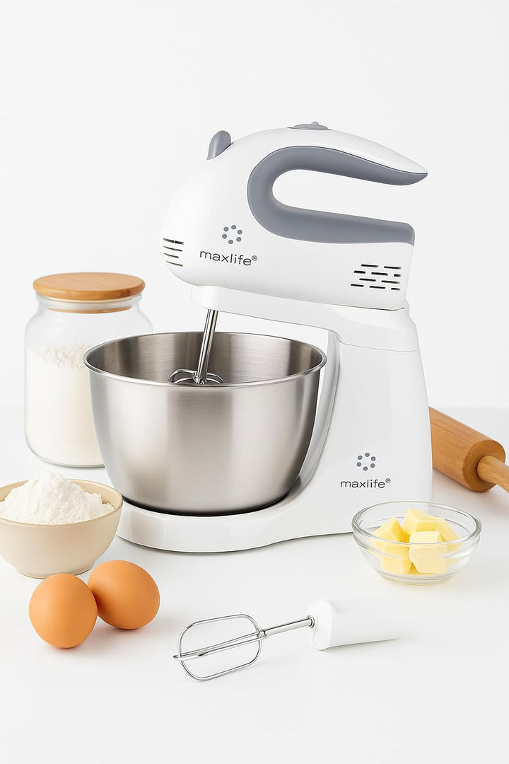 Max Life 3.2 Quarts Stand Mixer - 5-Speed Electric Powerful Stand Mixer, White, with Stainless Steel Bowl, Dough Hooks, Beaters,