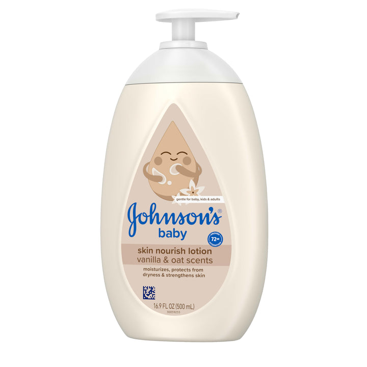 Johnson's Skin Nourishing Baby Lotion, Vanilla & Oat Scents, Hypoallergenic Baby Body Lotion for 72 Hour Hydration Until Baby's Next Bath Moisturizes & Protects from Dryness, 16.9 fl. oz