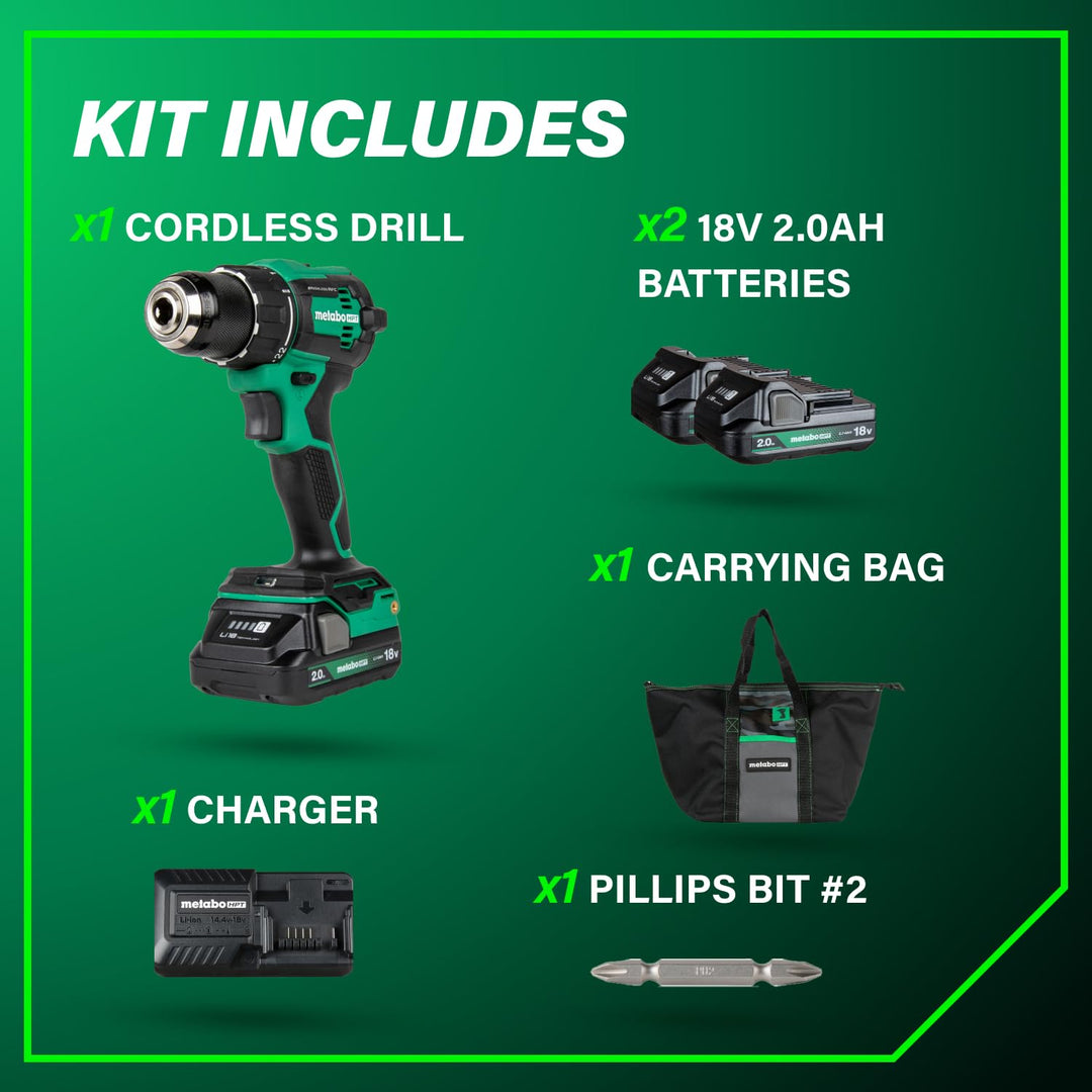 Metabo HPT 18V MultiVolt 1/2" Cordless Brushless Driver Drill Kit, High Power Drill Set with Bag, 2 Lithium-Ion Metabo Batteries and Charger, Compact Lightweight Power Driver, DS18DEX Retail $179.00