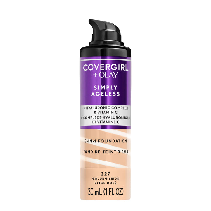 COVERGIRL & Olay Simply Ageless 3-in-1 Liquid Foundation, Matte Finish, Hyaluronic & Vitamin C Formula, 227 Golden Beige, 1 Count