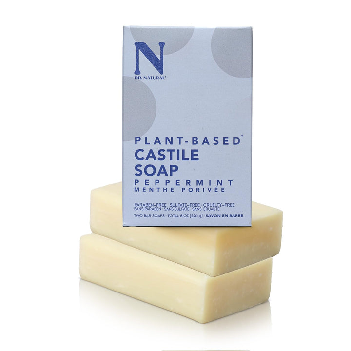 Dr. Natural Castile Bar Soap - Multipurpose Soap Bar with Anti-Acne Properties - For Face, Body, Hair - Sensitive Skin Body Wash - Peppermint - 2 pcs Retail $2.98