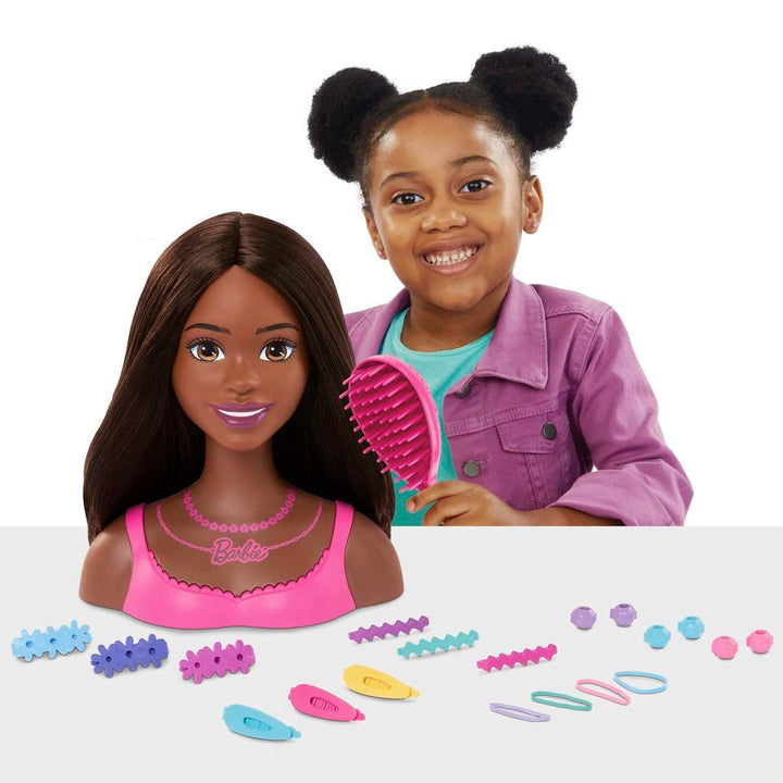 Barbie Doll Styling Head, Brown Hair with 20 Colorful Accessories, Doll Head for Hair Styling