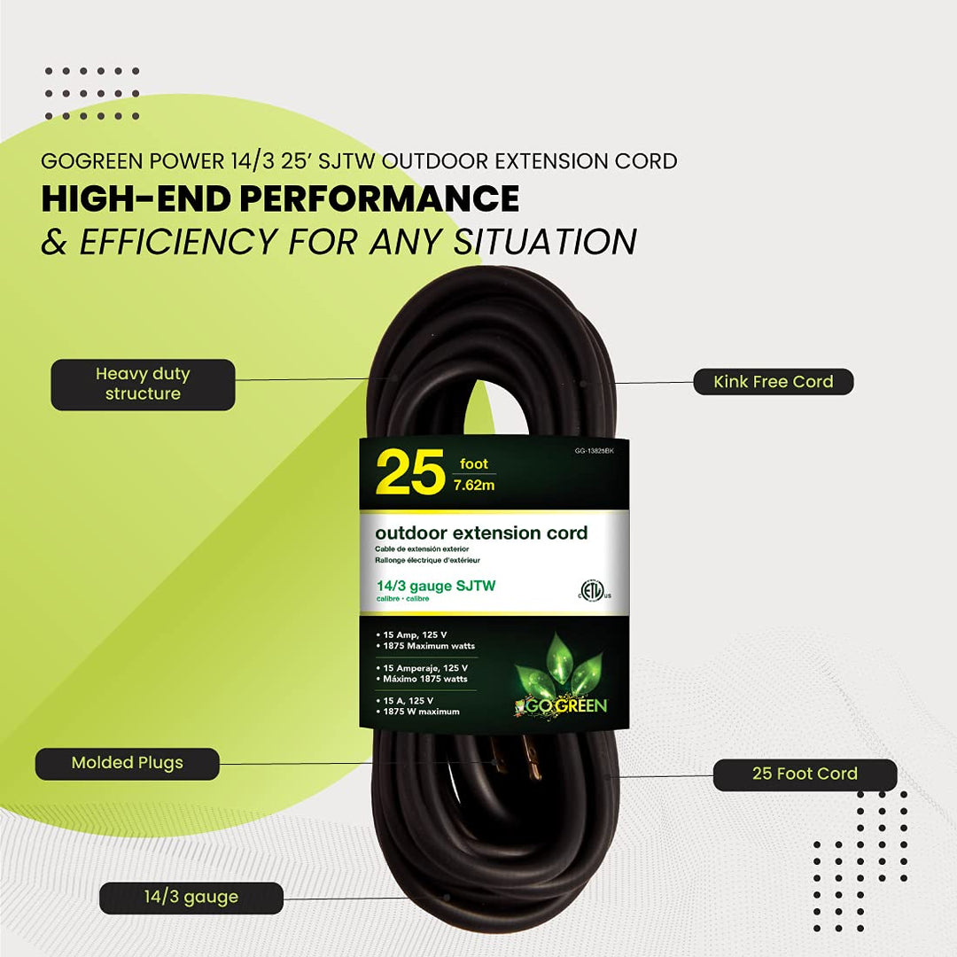 Go Green Power Inc. 16/3 25ft Black Outdoor Extension Cord - Reliable, Heavy Duty - Ideal for Outdoor Tools & Equipment - GG-13725BK