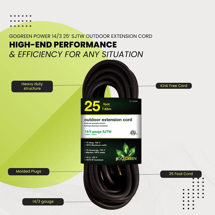 Go Green Power Inc. 16/3 25ft Black Outdoor Extension Cord - Reliable, Heavy Duty - Ideal for Outdoor Tools & Equipment - GG-13725BK