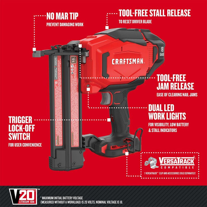 CRAFTSMAN V20 Brad Nailer, 18GA, Cordless, Bare Tool Only (CMCN618B) Retail $134.00