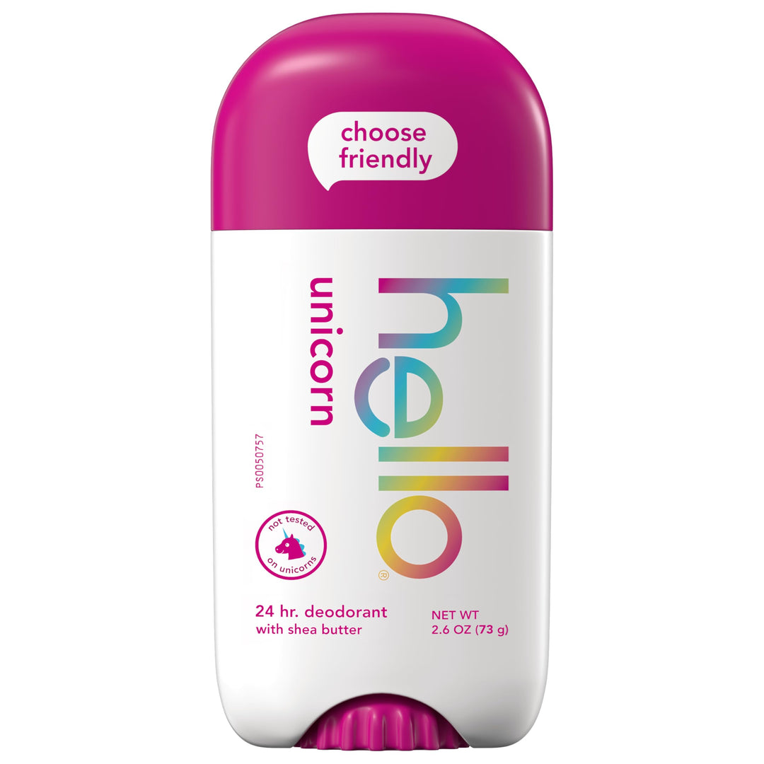 hello Unicorn Aluminum Free Deodorant for Women and Men with Shea Butter, 24-Hour Freshness, Baking Soda Free Deodorant, Dermatologically Tested, 2.6 oz Stick