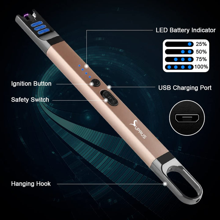 SUPRUS Candle Electric Arc Lighter Windproof Flameless USB Rechargeable Lighter with LED Light for Candle Camping BBQ Cooking (Champagne Gold) Retail $16.99
