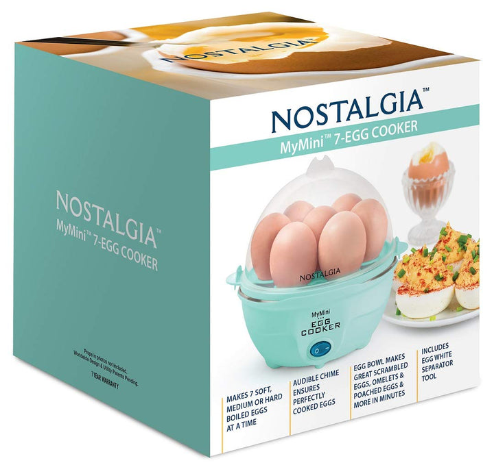 Nostalgia MyMini 7 Egg Cooker makes 7 soft medium or hard boiled eggs egg bowls includes egg white separator (Teal) Retail $12.97
