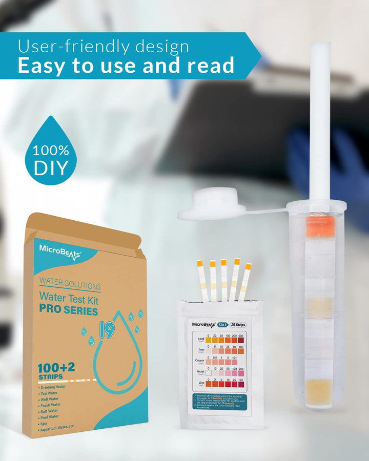 Water Testing Kits for Drinking Water, MicroBeats PRO Series 19 in 1 Water Test Kit, City Home Tap Well Water Quality Tester, 100 Strips+2 Tests for Hardness Lead pH Fluoride Iron, and More Retail $15.00