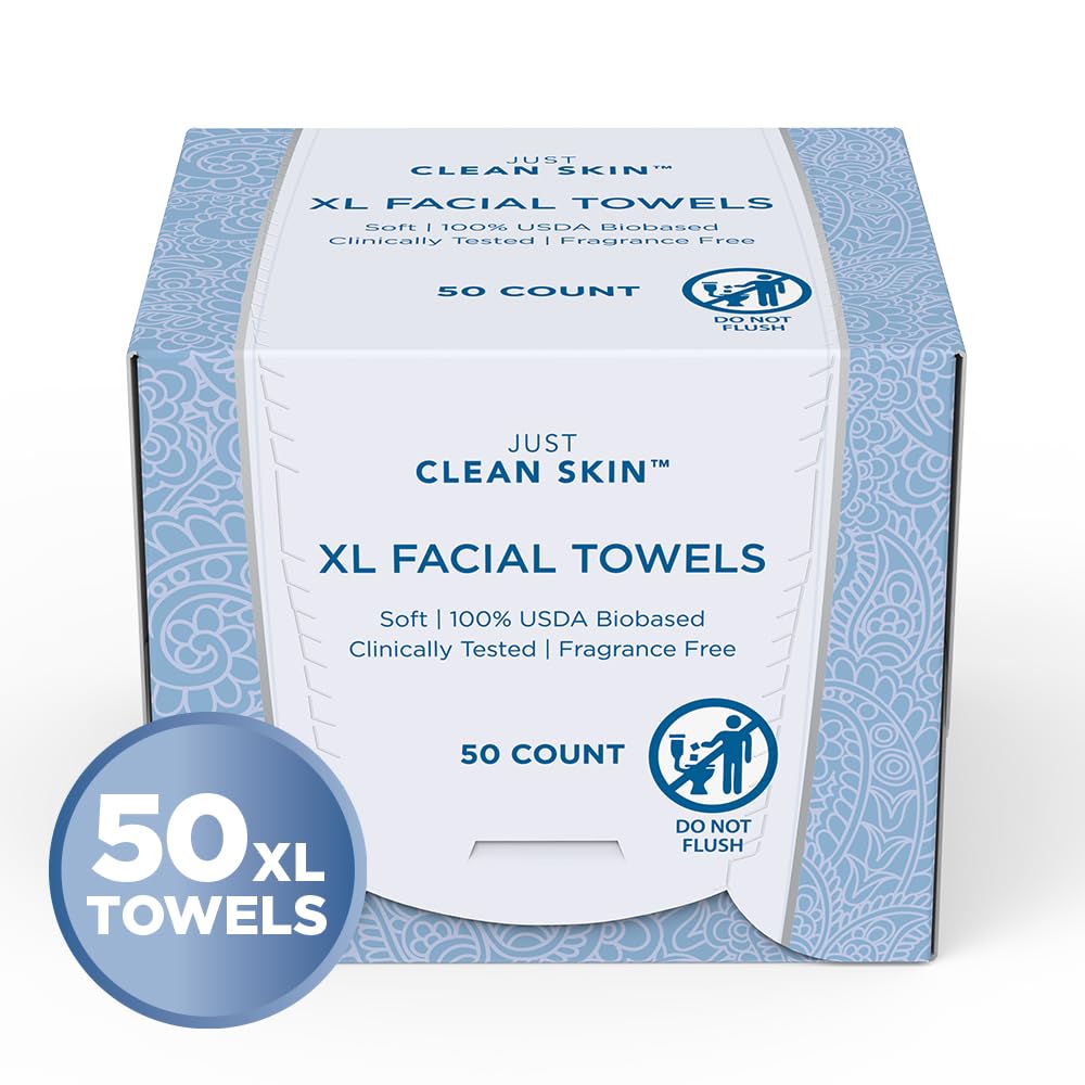 Just Clean Skin Dry Face Towels 50 Count | 10" x 11.5" Extra Large Disposable Dry Wipes | Plant-Based Viscose, 100% USDA Biobased | Makeup Remover Face Wipes | Ultra Soft Towelettes for Sensitive Skin