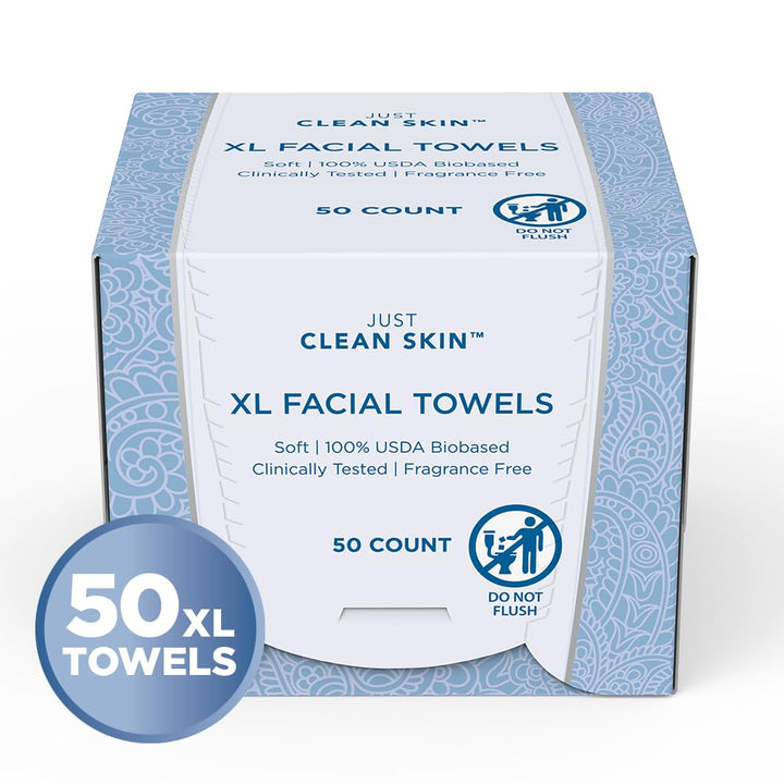 Just Clean Skin Dry Face Towels 50 Count | 10" x 11.5" Extra Large Disposable Dry Wipes | Plant-Based Viscose, 100% USDA Biobased | Makeup Remover Face Wipes | Ultra Soft Towelettes for Sensitive Skin