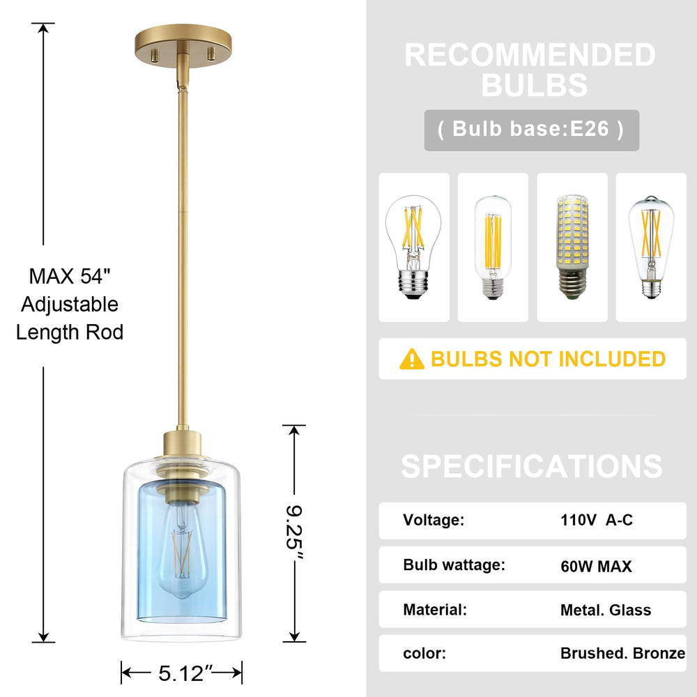 Dolaimi House 1 Light Indoor Mini Hanging Kitchen Island Pendant Light with Gold Finish,Clear Frosted Glass Chandelier Shade for Bar,Dining Room Over Sink (Blue Glass, 3 Pack) Retail $75.99