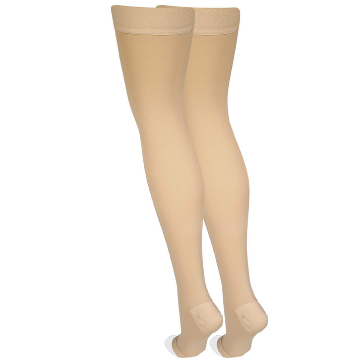 Amazon Basic Care Medical Compression Stockings, 20-30 mmHg Support, Women & Men Thigh Length Hose, Open Toe, Beige, Large (Previously NuVein)